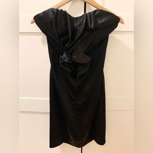 Bebe Black Strapless Satin Ruffle Cocktail Dress (Knee Length)